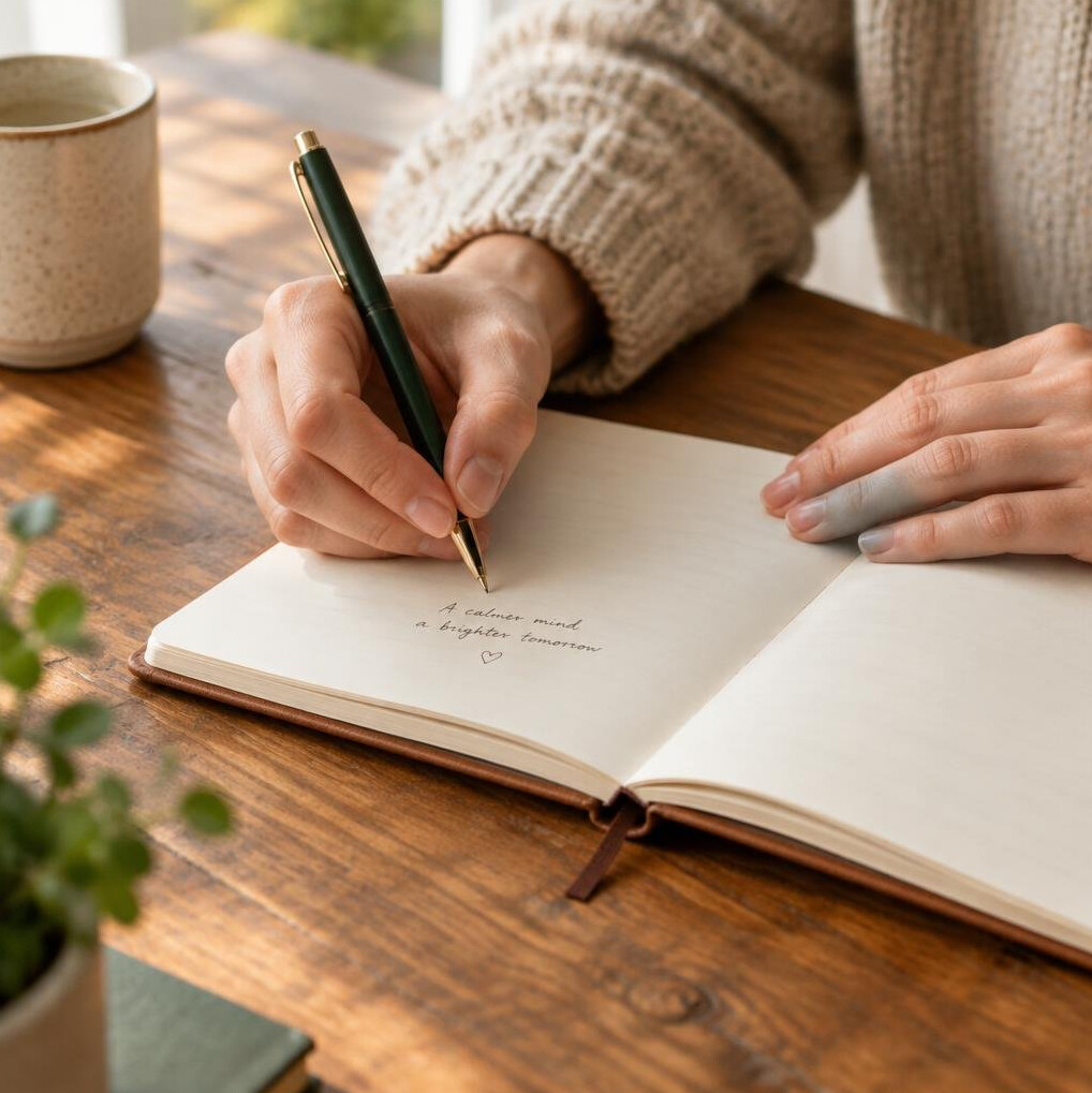 Close-up of hands writing in an open journal